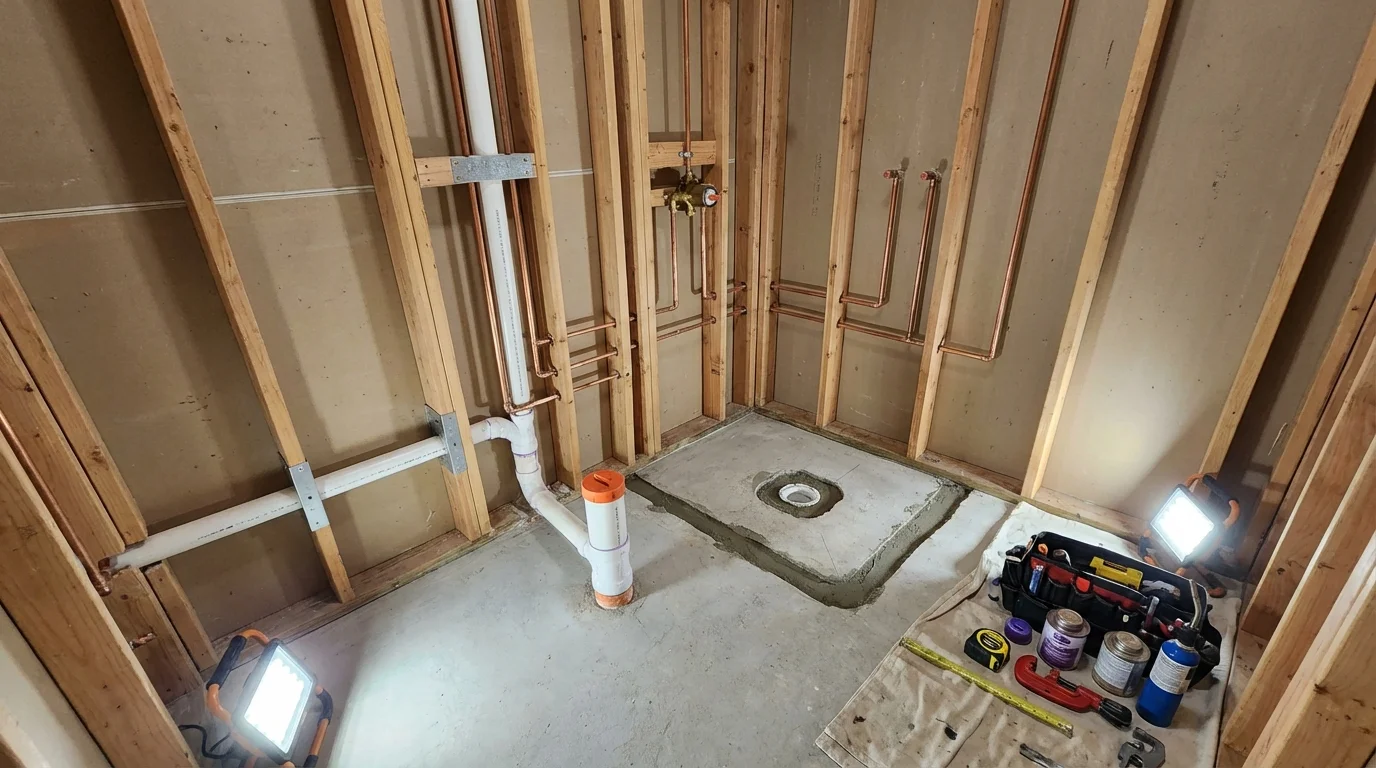 Bathroom rough-in plumbing during remodel by Johns Plumbing LLC in Pinole