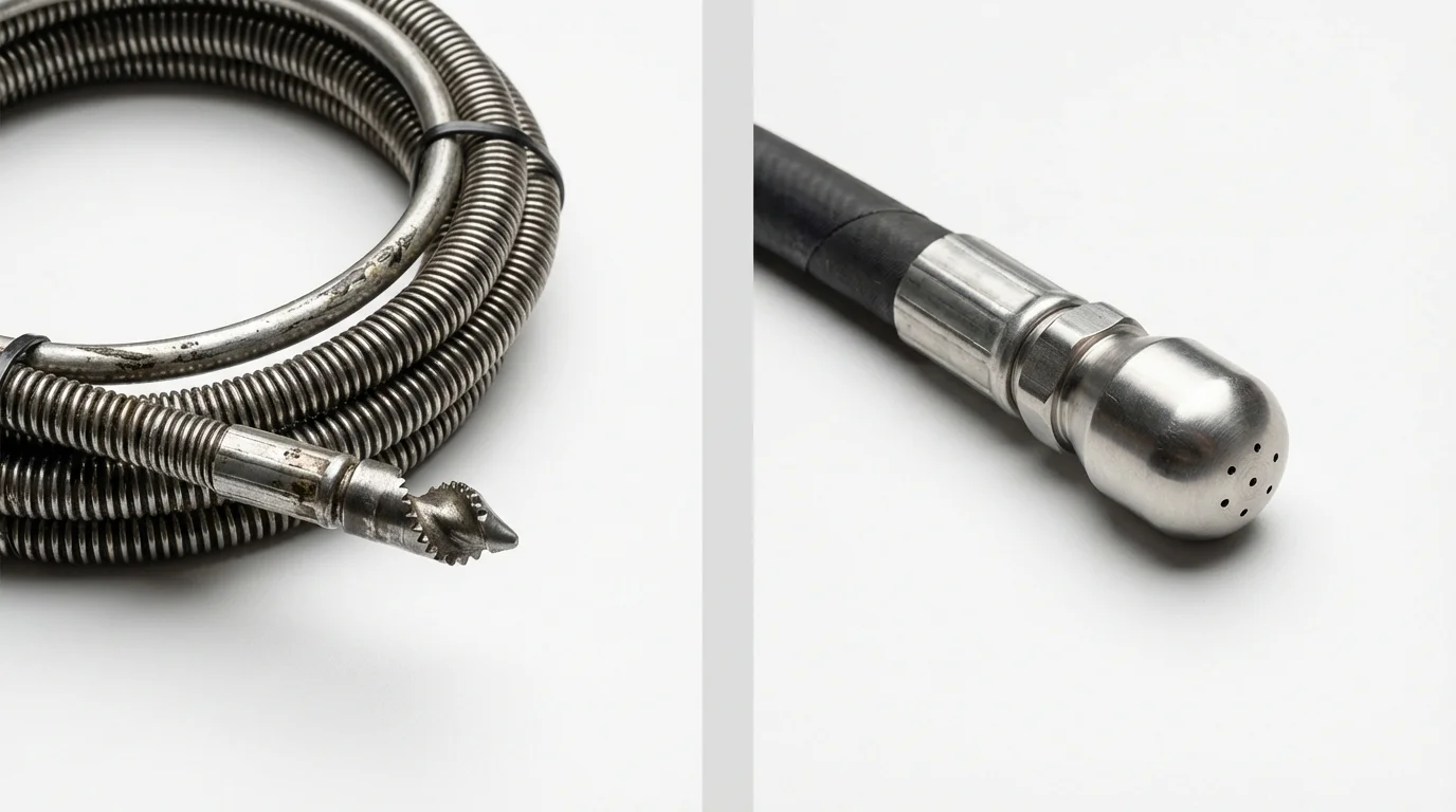 Drain snake cable and hydro jetting nozzle used for drain cleaning in Pinole, CA