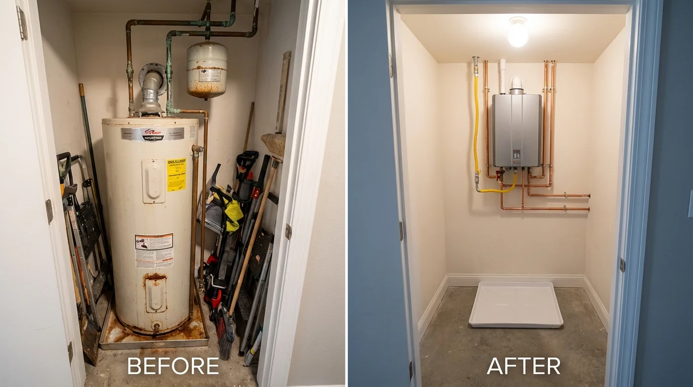 Tank water heater versus wall-mounted tankless unit comparison for Pinole, CA homeowners