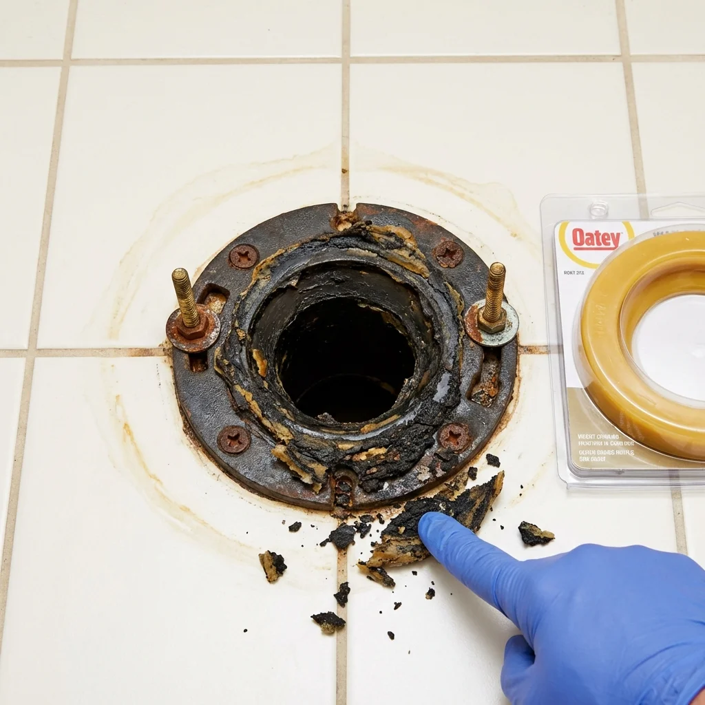 Failed wax ring showing water seepage at the base of a toilet in a Pinole, CA home